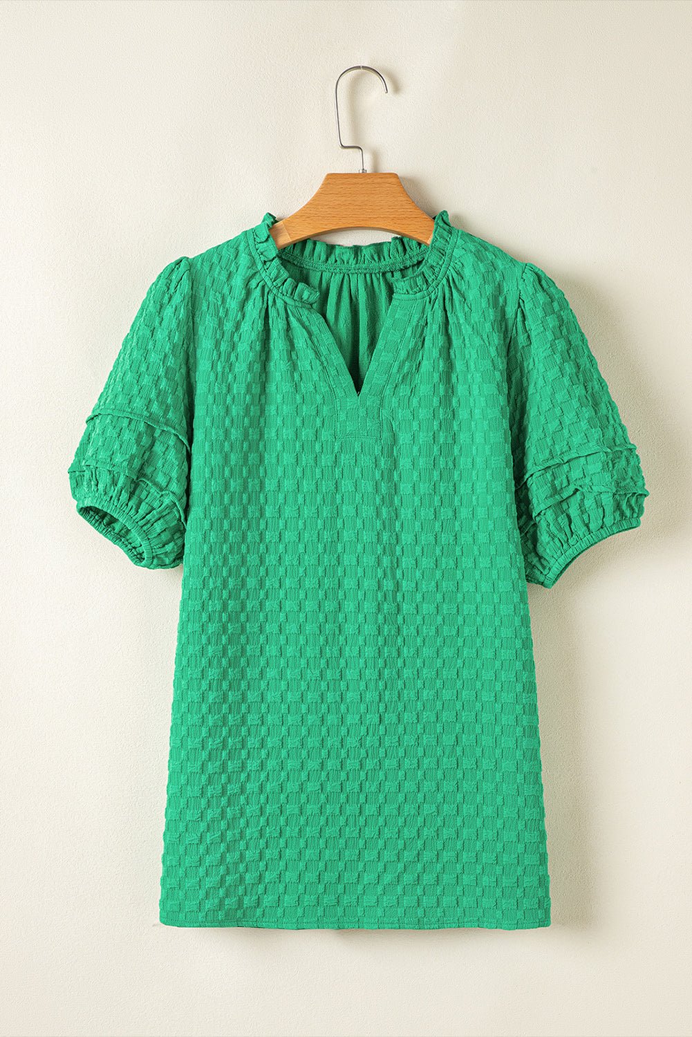 Textured Short Puff Sleeve Notch V-Neck Top - Rooted & Reckless Co.