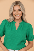 Textured Short Puff Sleeve Notch V-Neck Top - Rooted & Reckless Co.