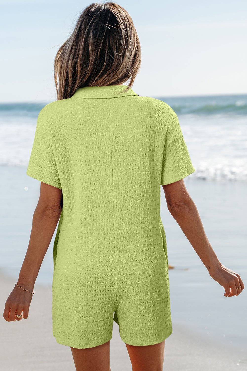 Textured Short Sleeve Patch Pocket Buttoned Romper - Rooted & Reckless Co.