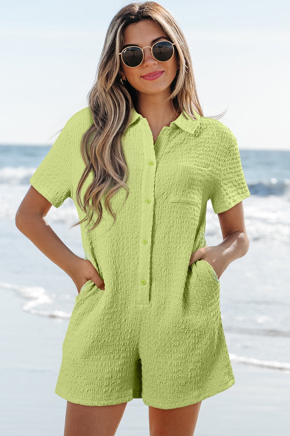 Textured Short Sleeve Patch Pocket Buttoned Romper - Rooted & Reckless Co.