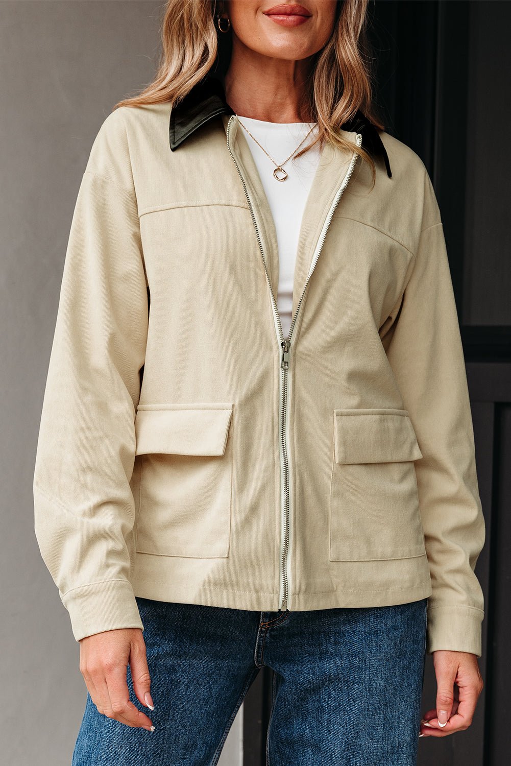 Textured Zip-Up Collared Faux Leather Jacket - Rooted & Reckless Co.