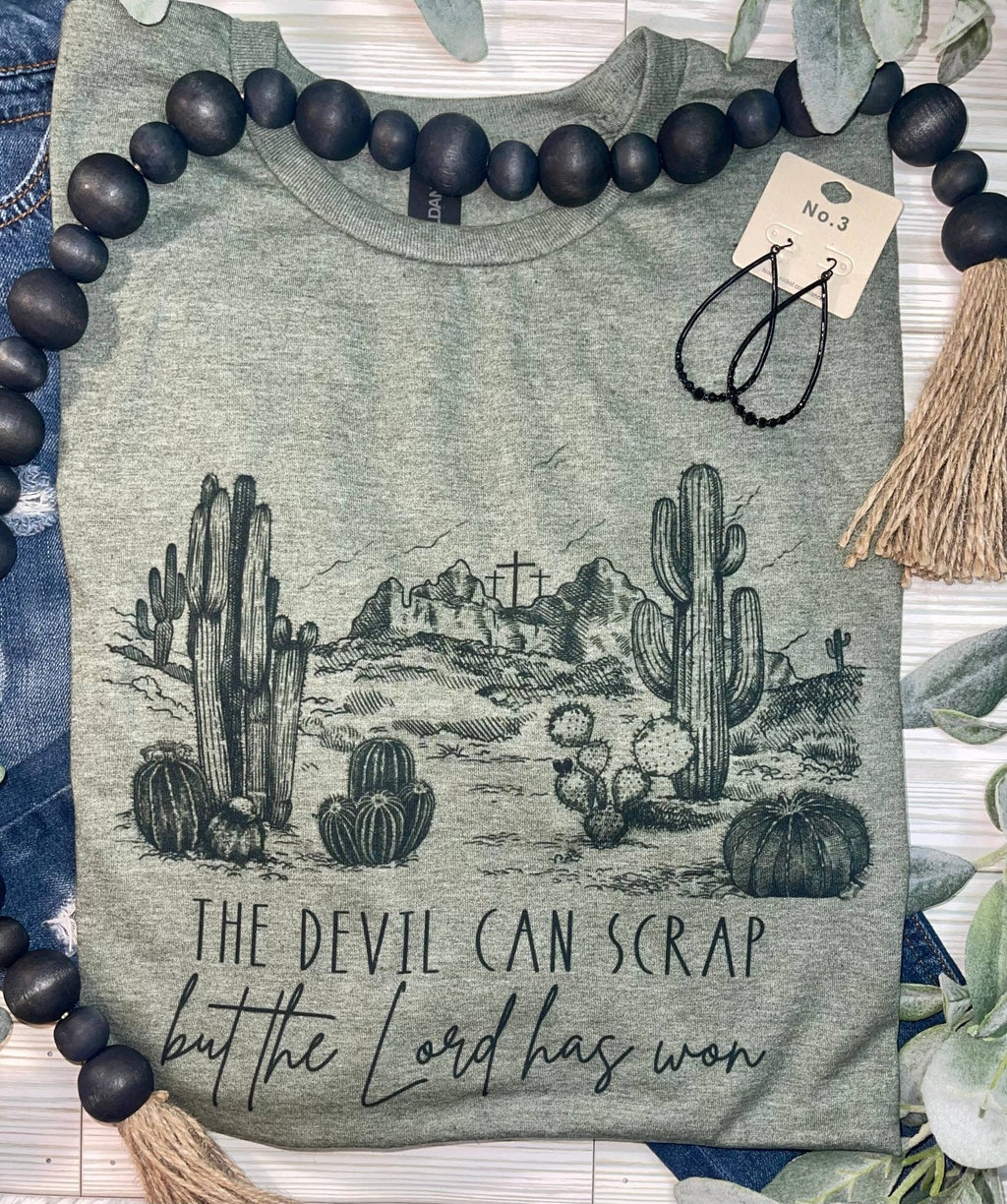 "The Devil Can Scrap" Western Christian Desert Graphic Tee — Vintage Cotton-Poly Blend Faith Statement - Rooted & Reckless Co.