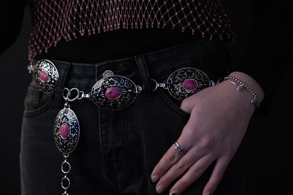 The Miranda Western Concho Belt — Pink Stone Statement (Medium/Large) - Rooted & Reckless Co.