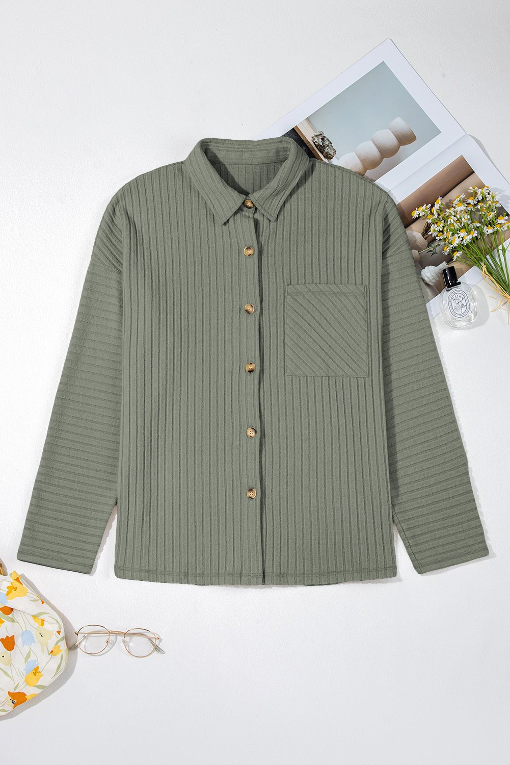 Thermal Ribbed Button-Up Drop Shoulder Textured Shacket - Rooted & Reckless Co.