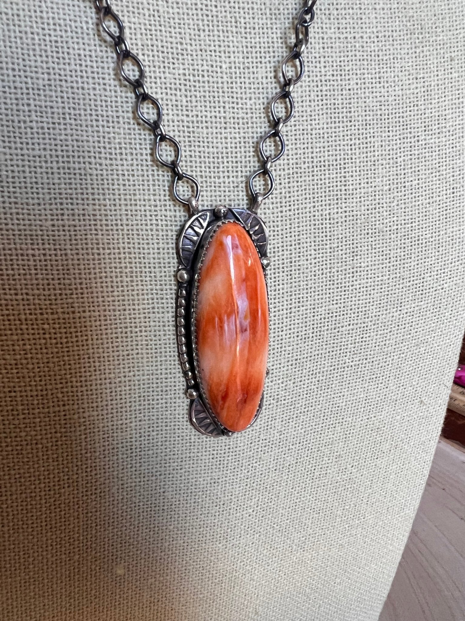 Tia Long Navajo Handmade LARGE Sterling Silver Spiny Oyster Necklace — 18" (Premium Size) - Rooted & Reckless Co.