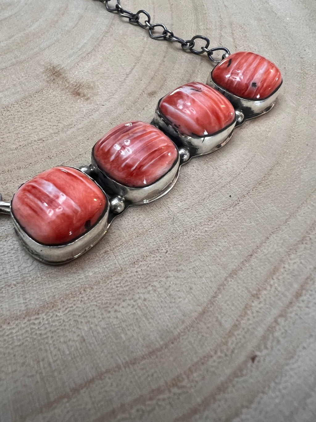 Tia Long Navajo Handmade Sterling Silver Spiny Oyster Necklace — 18" (4 Cabochons, Sterling Stamped) - Rooted & Reckless Co.