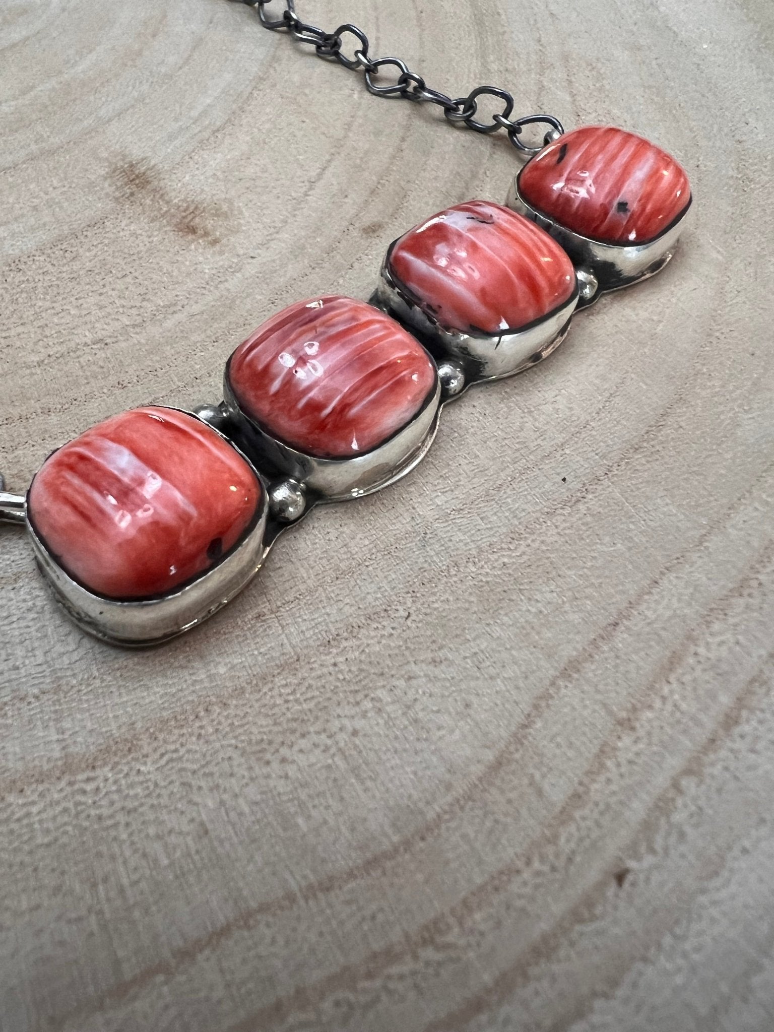 Tia Long Navajo Handmade Sterling Silver Spiny Oyster Necklace — 18" (4 Cabochons, Sterling Stamped) - Rooted & Reckless Co.