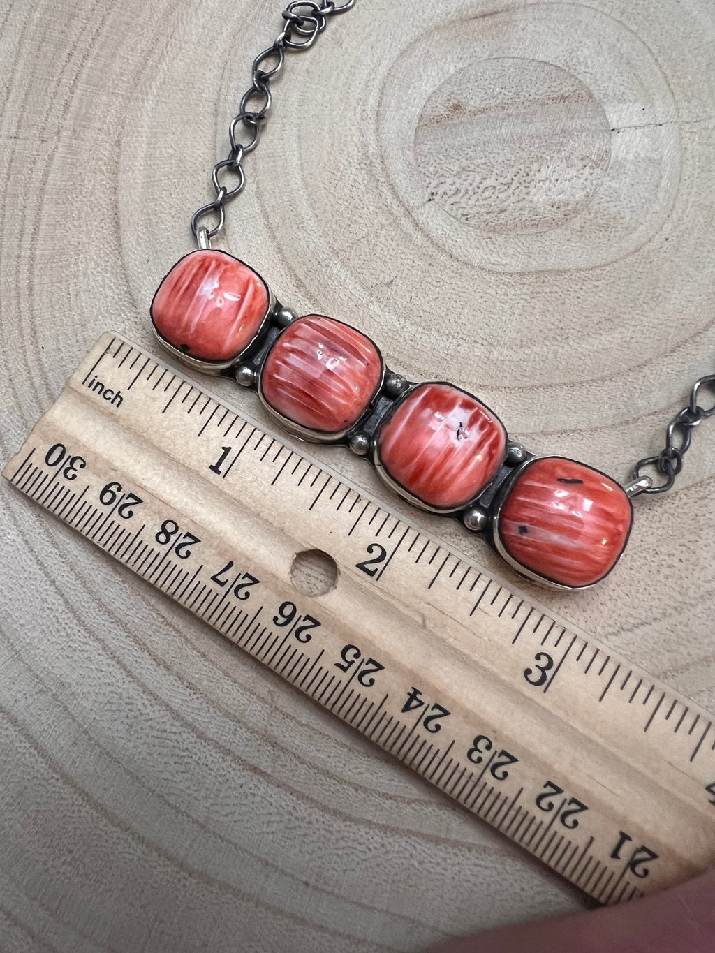Tia Long Navajo Handmade Sterling Silver Spiny Oyster Necklace — 18" (4 Cabochons, Sterling Stamped) - Rooted & Reckless Co.
