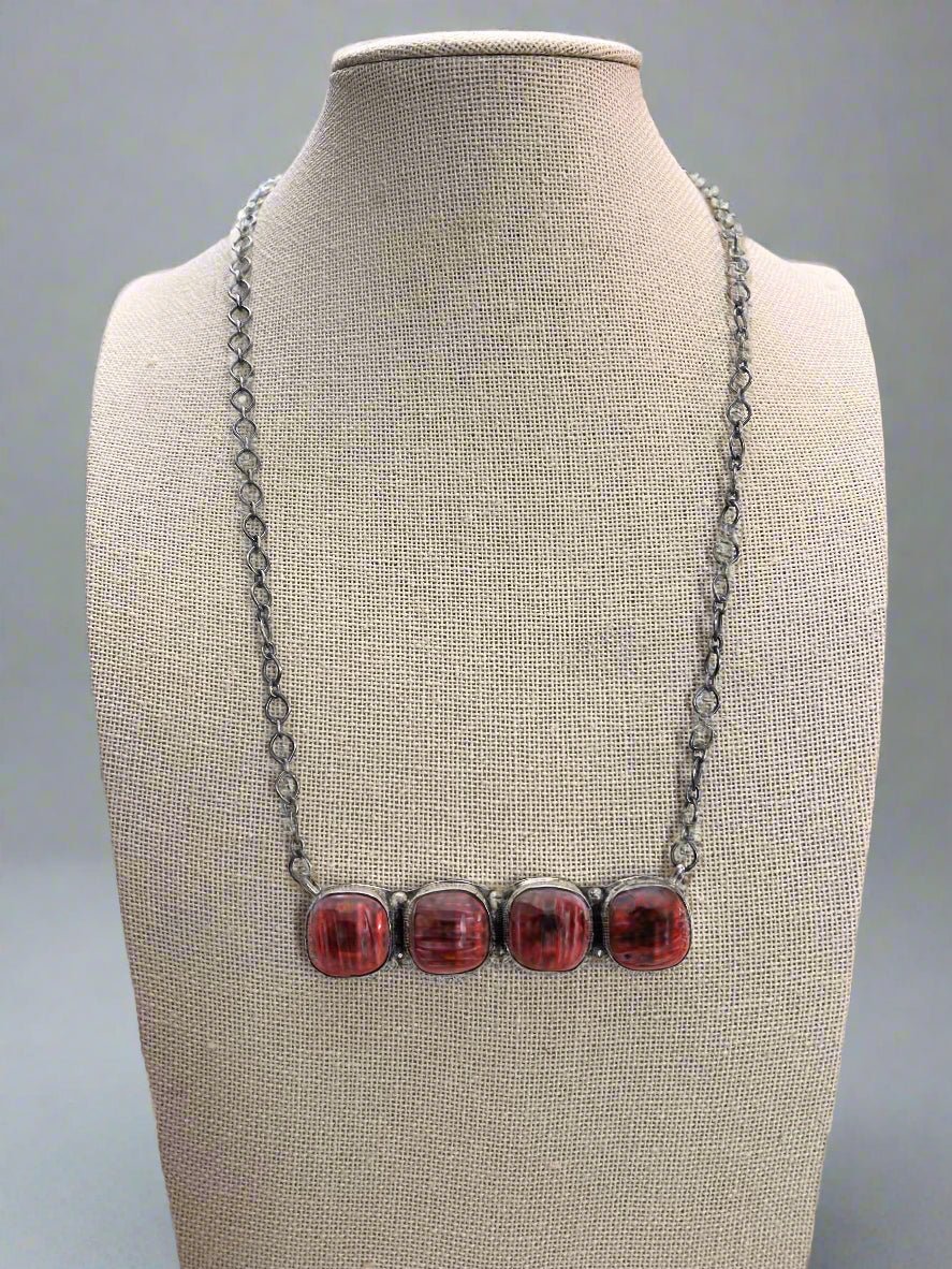 Tia Long Navajo Handmade Sterling Silver Spiny Oyster Necklace — 18" (4 Cabochons, Sterling Stamped) - Rooted & Reckless Co.
