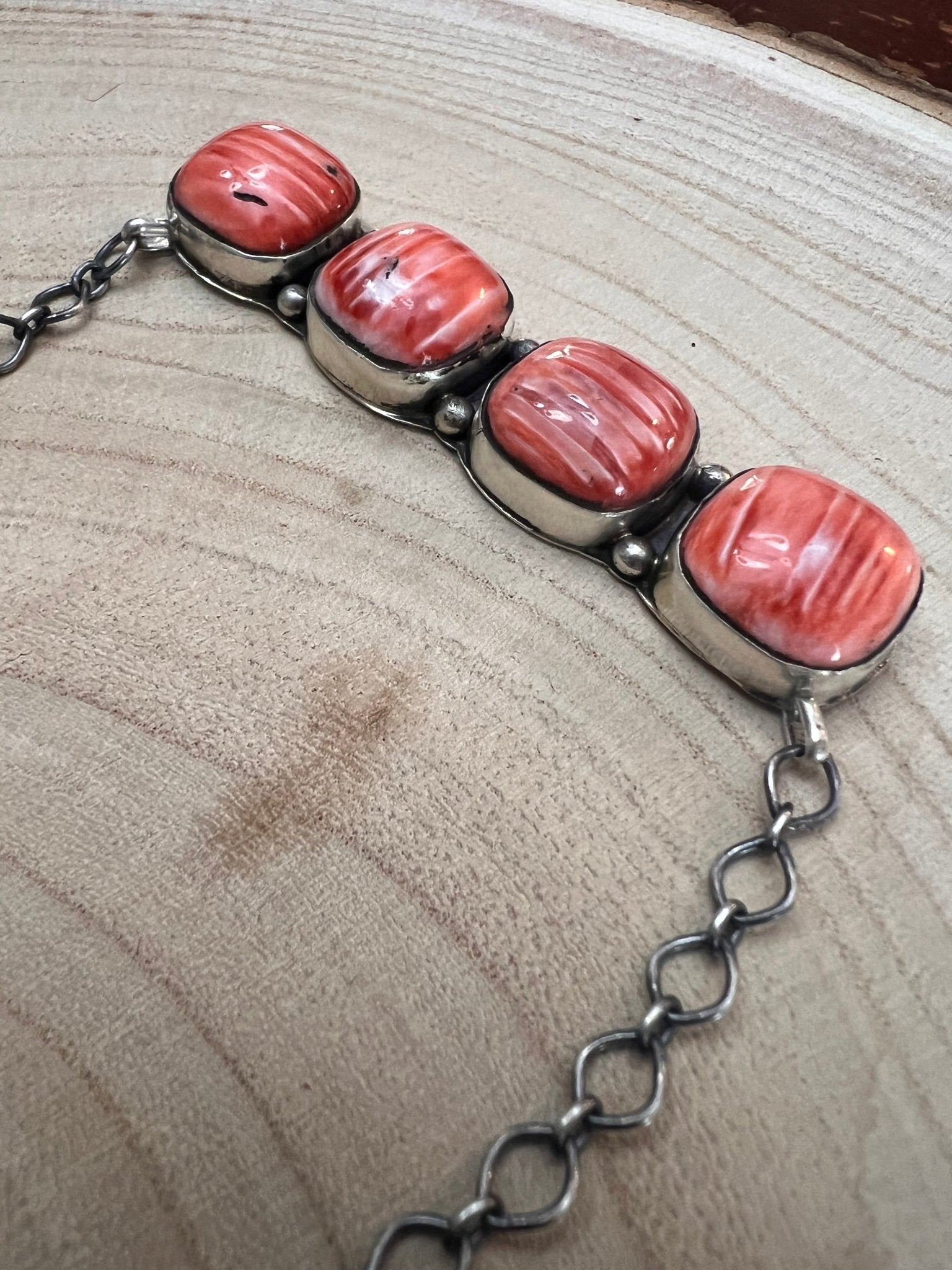 Tia Long Navajo Handmade Sterling Silver Spiny Oyster Necklace — 18" (4 Cabochons, Sterling Stamped) - Rooted & Reckless Co.