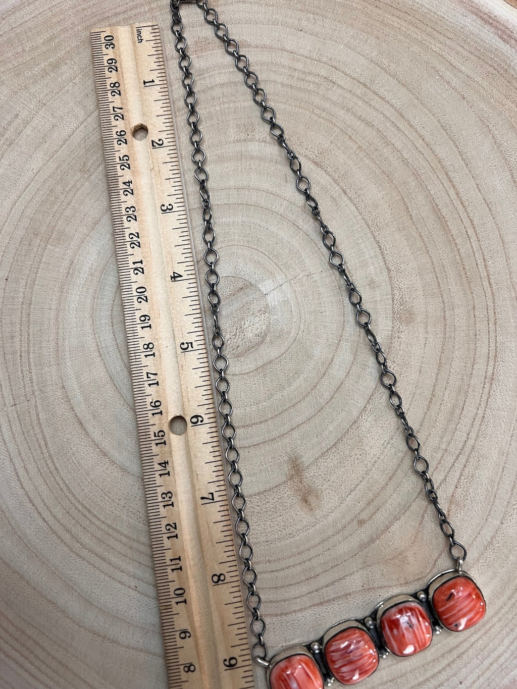 Tia Long Navajo Handmade Sterling Silver Spiny Oyster Necklace — 18" (4 Cabochons, Sterling Stamped) - Rooted & Reckless Co.