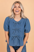 Tied Front Bubble Sleeve Peplum Denim Shirt - Rooted & Reckless Co.