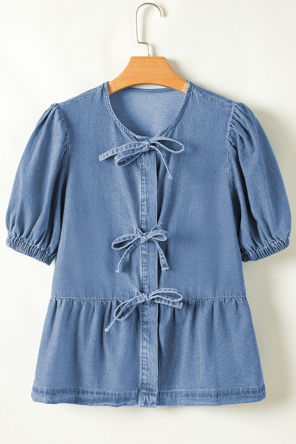 Tied Front Bubble Sleeve Peplum Denim Shirt - Rooted & Reckless Co.