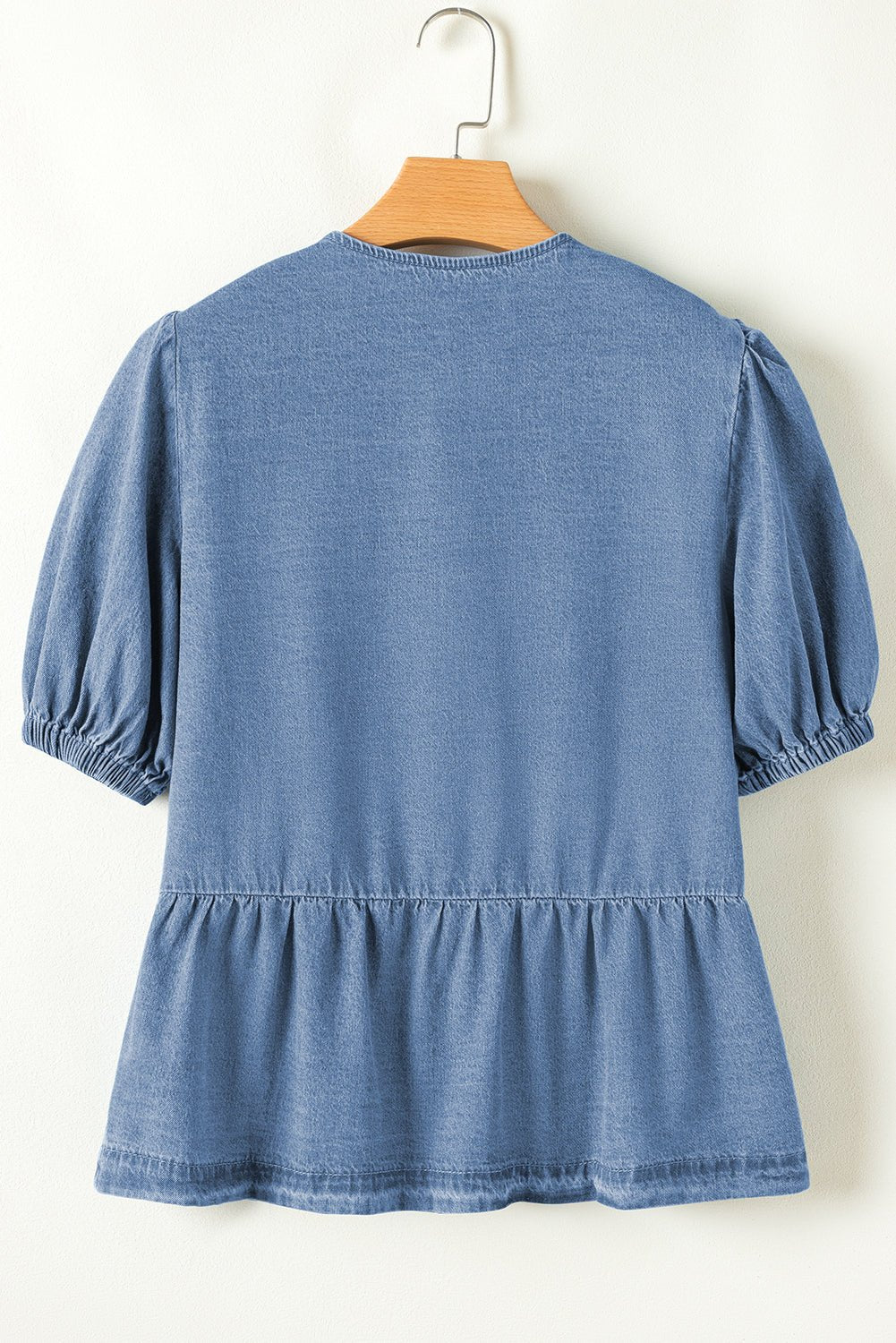 Tied Front Bubble Sleeve Peplum Denim Shirt - Rooted & Reckless Co.