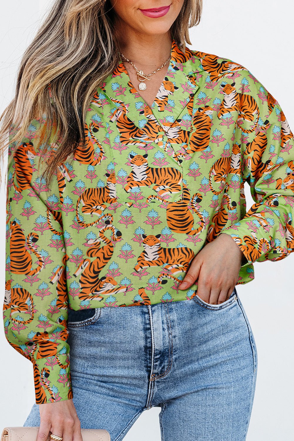 Tiger Floral Collared V-Neck Shirt - Rooted & Reckless Co.