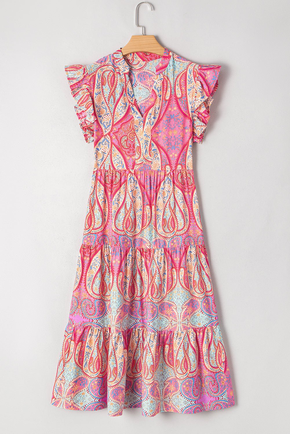 Tribal Paisley Ruffle Sleeve Notch Neck Midi Dress - Rooted & Reckless Co.