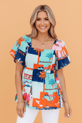 Tropical Square Neck Flutter Sleeve Babydoll Blouse - Rooted & Reckless Co.