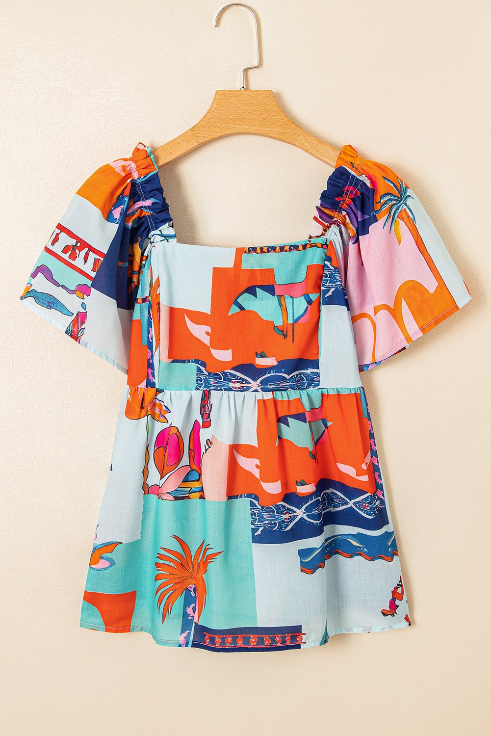 Tropical Square Neck Flutter Sleeve Babydoll Blouse - Rooted & Reckless Co.