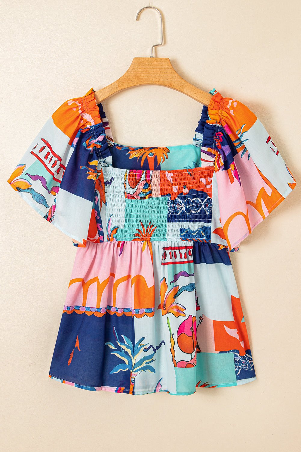 Tropical Square Neck Flutter Sleeve Babydoll Blouse - Rooted & Reckless Co.