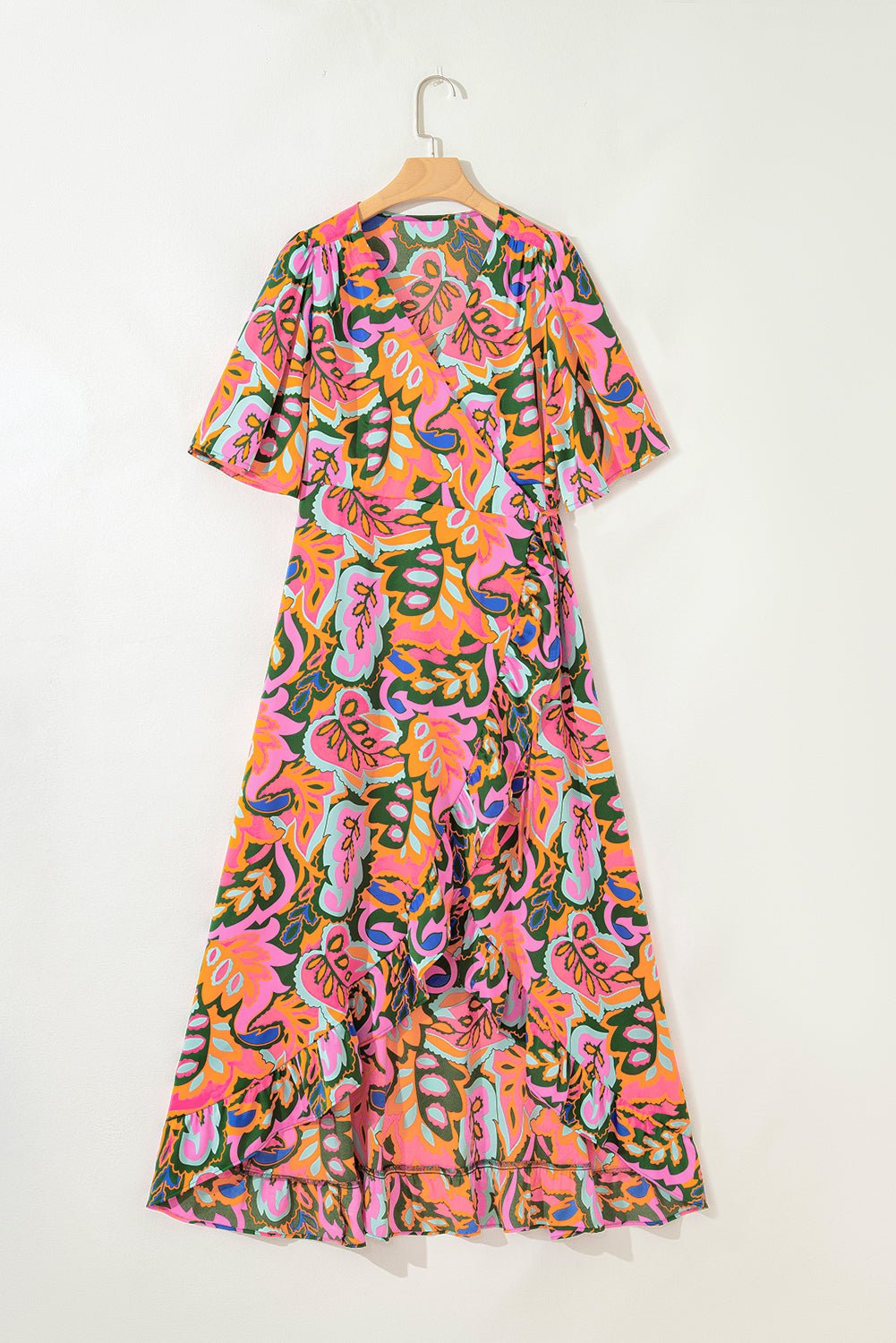 Tropical V-Neck Ruffle Asymmetric Slit Maxi Dress - Rooted & Reckless Co.