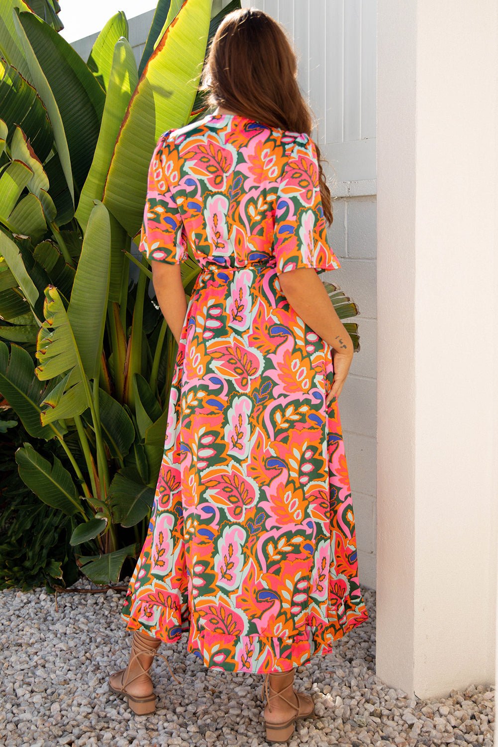 Tropical V-Neck Ruffle Asymmetric Slit Maxi Dress - Rooted & Reckless Co.