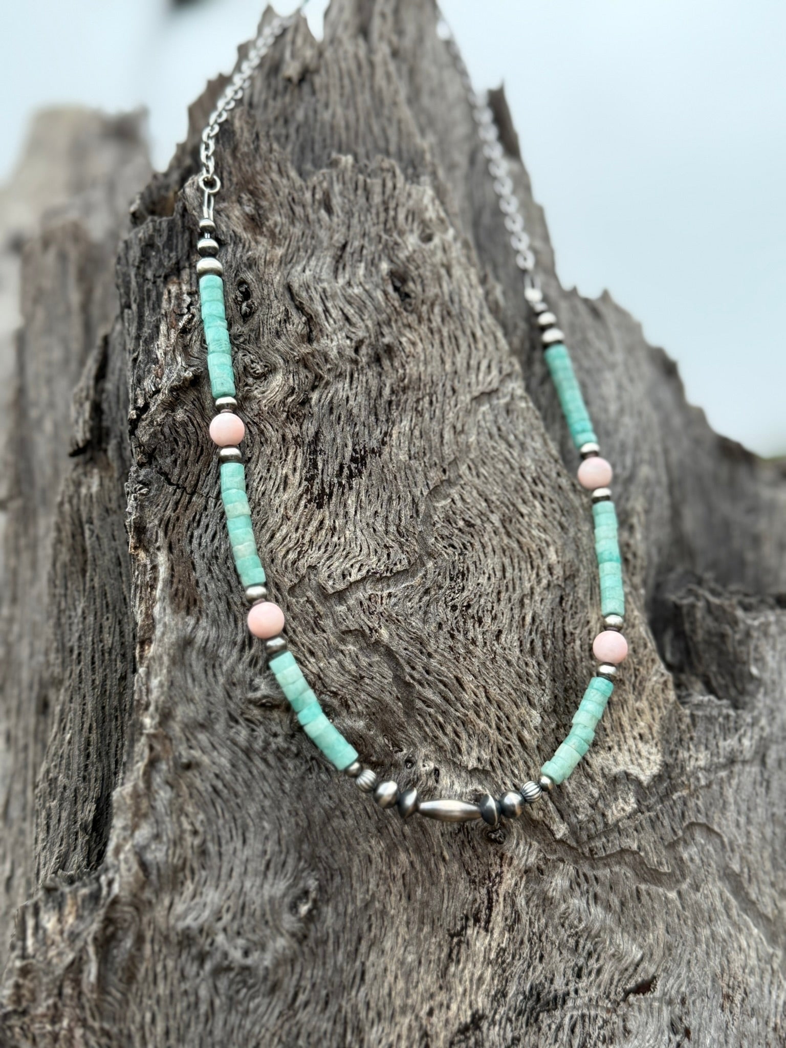 Turquoise And Blush Beaded Necklace - Rooted & Reckless Co.
