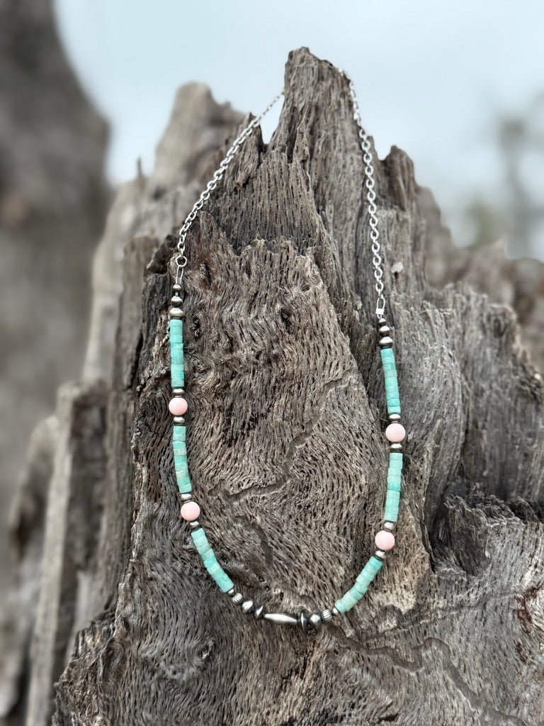 Turquoise And Blush Beaded Necklace - Rooted & Reckless Co.
