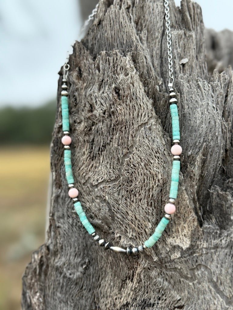 Turquoise And Blush Beaded Necklace - Rooted & Reckless Co.