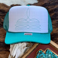 Turquoise Boot Stitch PRINT Trucker Hat — Faux-Stitch Image on Foam Front with Mesh Back - Rooted & Reckless Co.