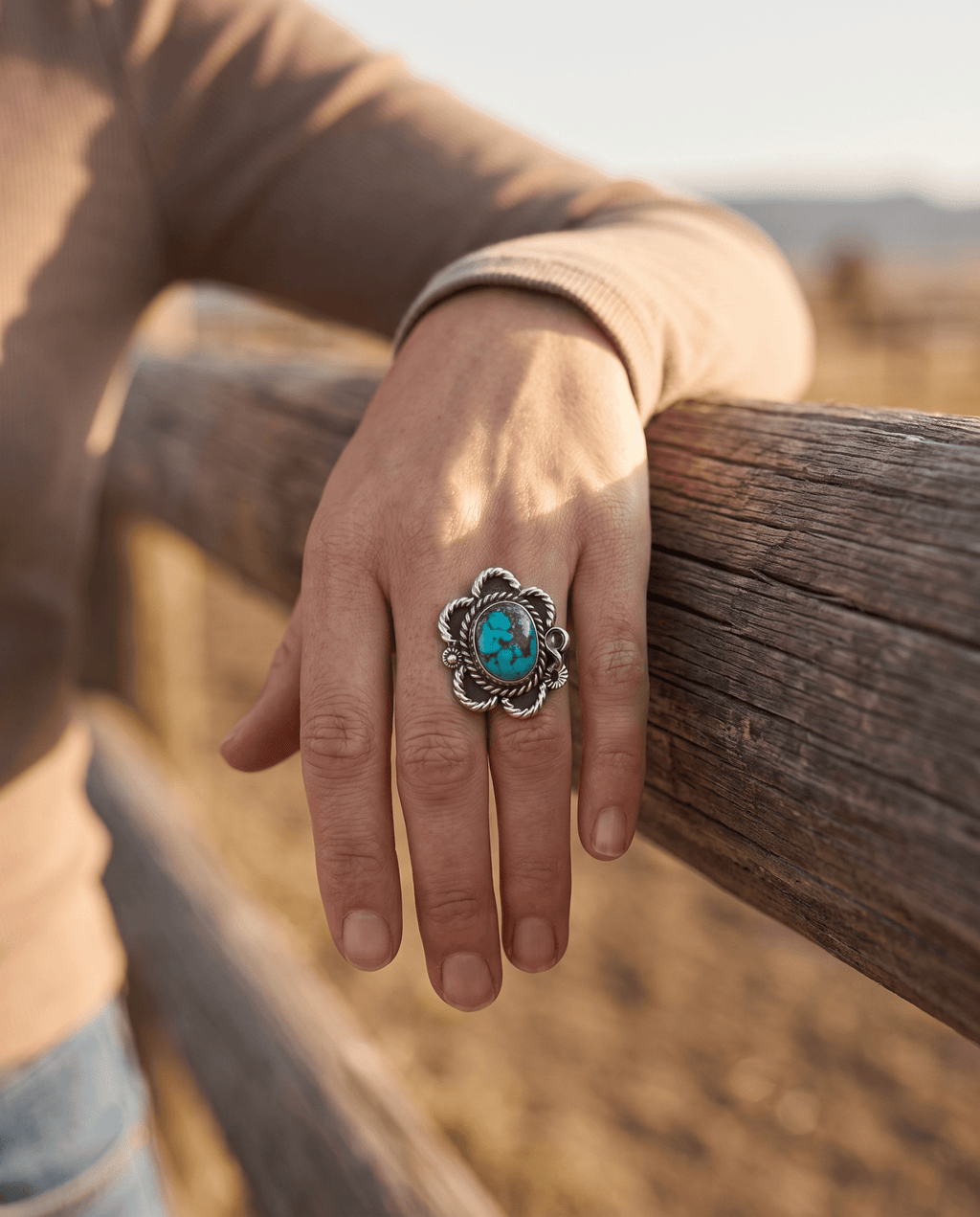 Turquoise Cabochon Sterling Silver Flower-Base Ring — Size 5 - Rooted & Reckless Co.