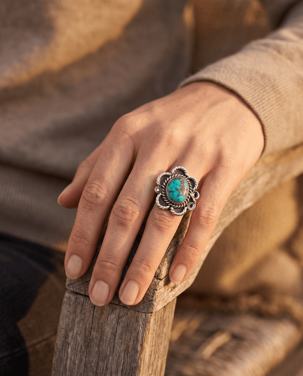 Turquoise Cabochon Sterling Silver Flower-Base Ring — Size 5 - Rooted & Reckless Co.