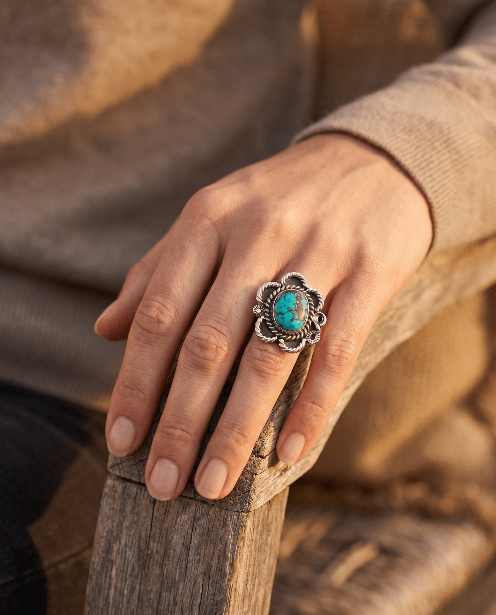 Turquoise Cabochon Sterling Silver Flower-Base Ring — Size 5 - Rooted & Reckless Co.