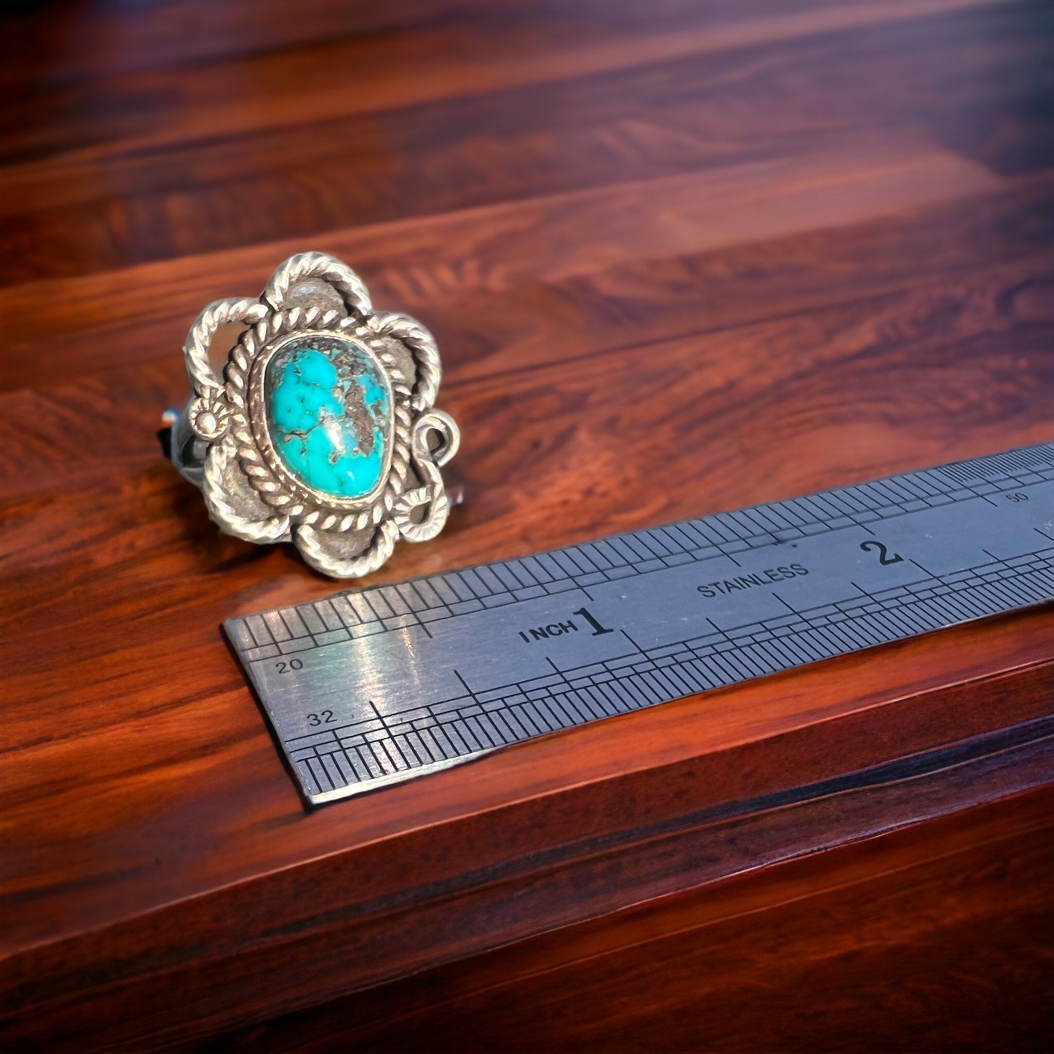 Turquoise Cabochon Sterling Silver Flower-Base Ring — Size 5 - Rooted & Reckless Co.