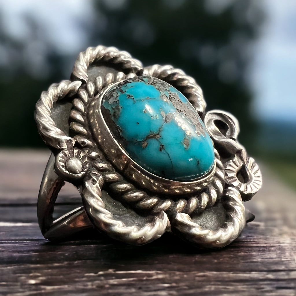 Turquoise Cabochon Sterling Silver Flower-Base Ring — Size 5 - Rooted & Reckless Co.