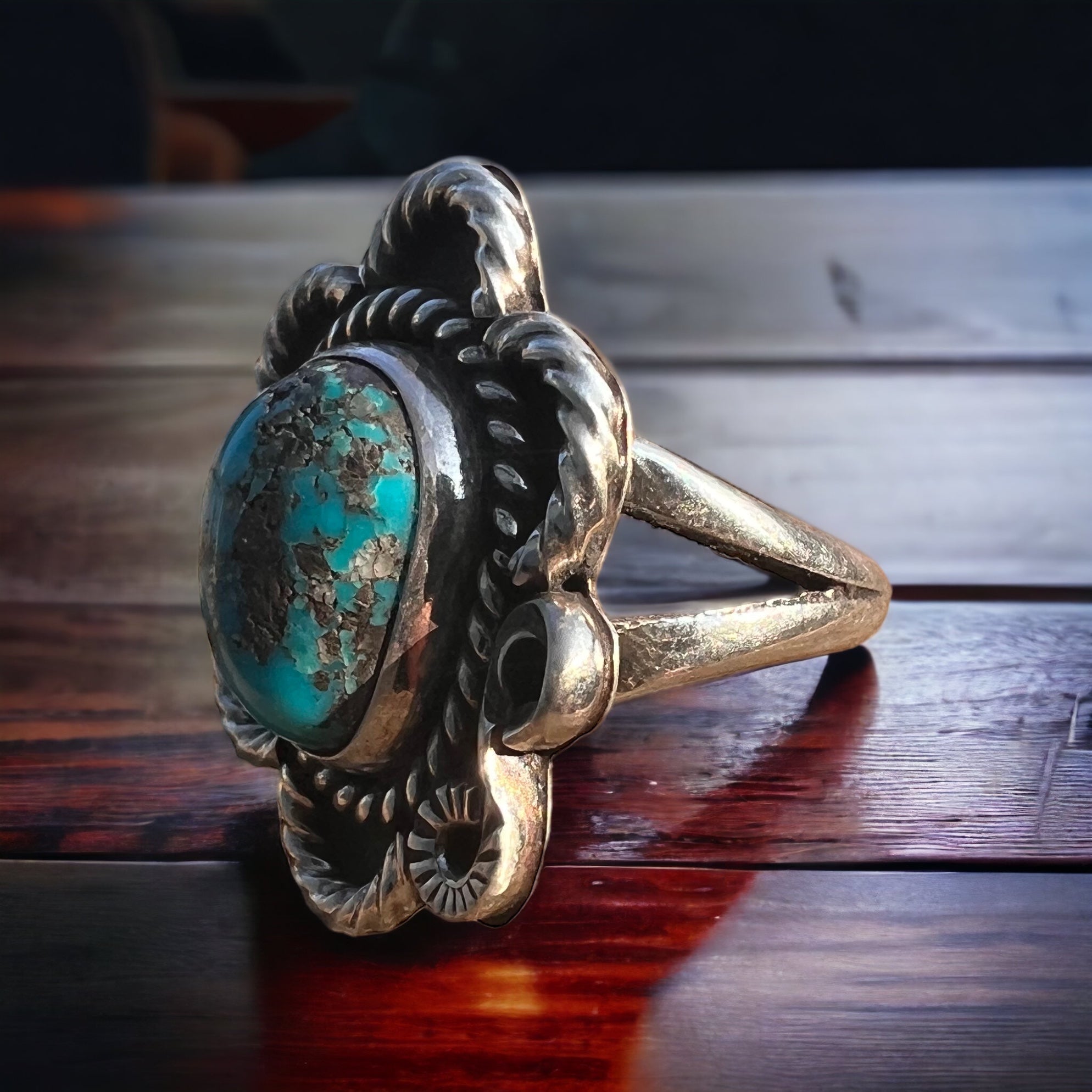 Turquoise Cabochon Sterling Silver Flower-Base Ring — Size 5 - Rooted & Reckless Co.