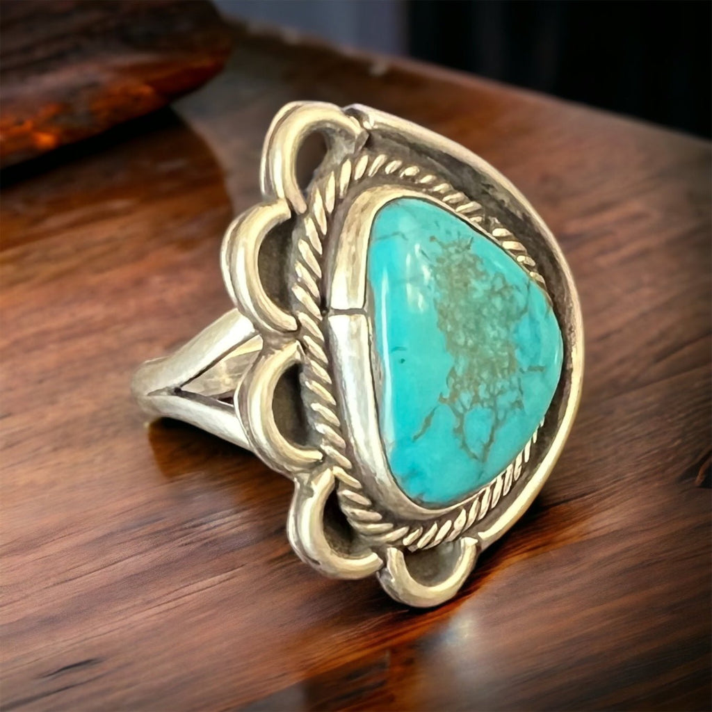 Turquoise Cabochon Sterling Silver Flower-Base Ring — Size 7 - Rooted & Reckless Co.