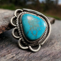 Turquoise Cabochon Sterling Silver Flower-Base Ring — Size 7 - Rooted & Reckless Co.