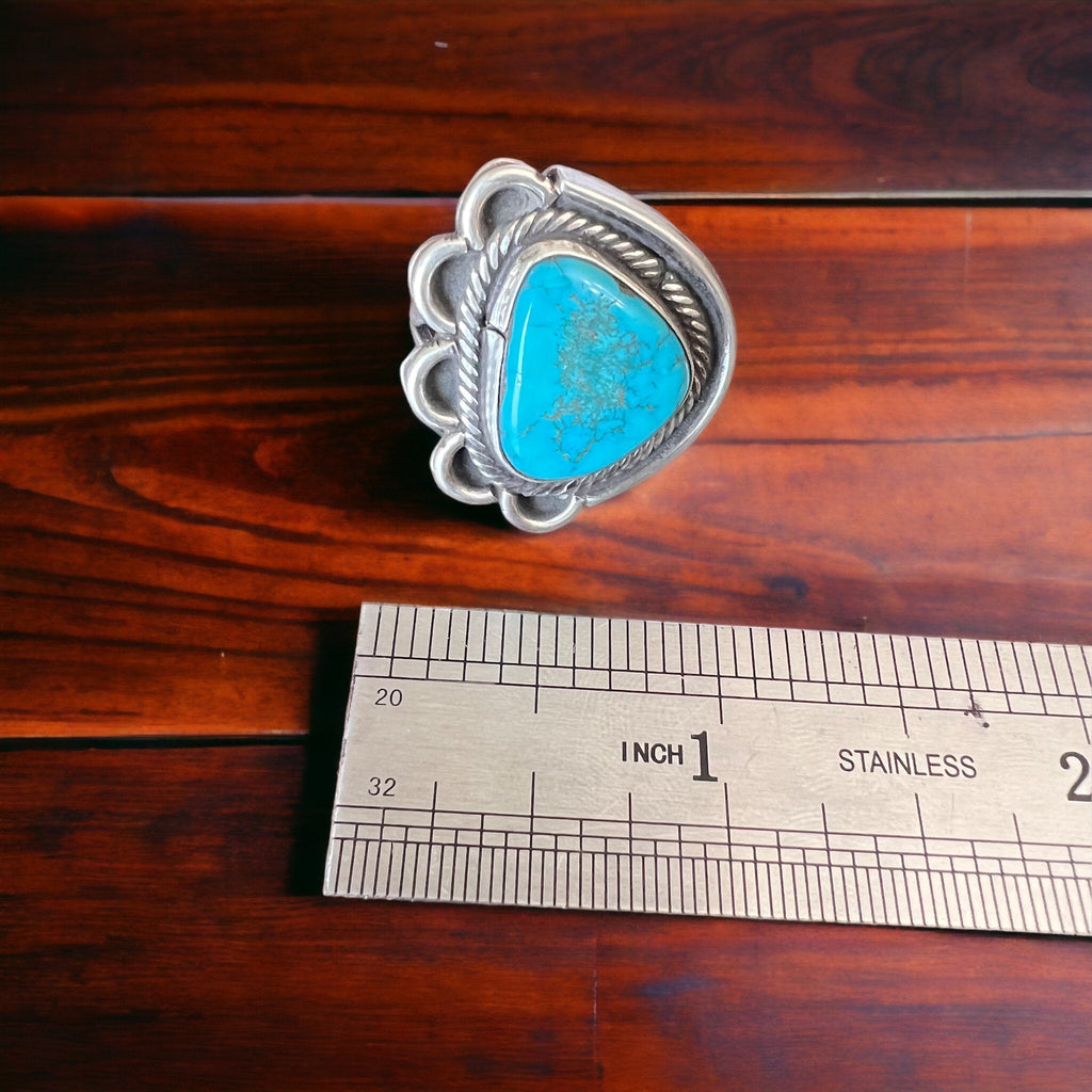 Turquoise Cabochon Sterling Silver Flower-Base Ring — Size 7 - Rooted & Reckless Co.