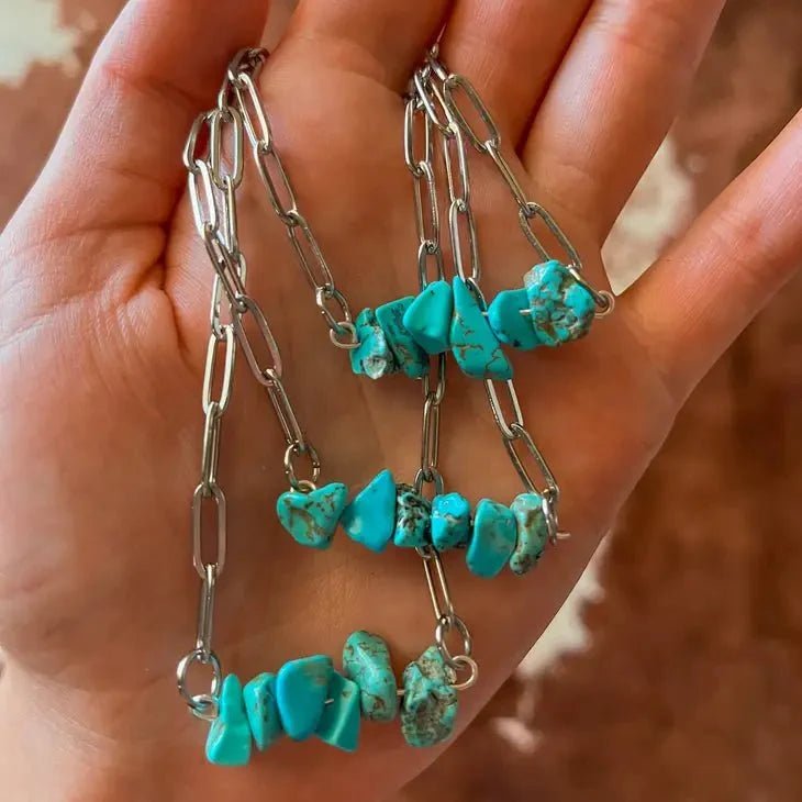 Turquoise Chips Paperclip Chain Necklace - Rooted & Reckless Co.