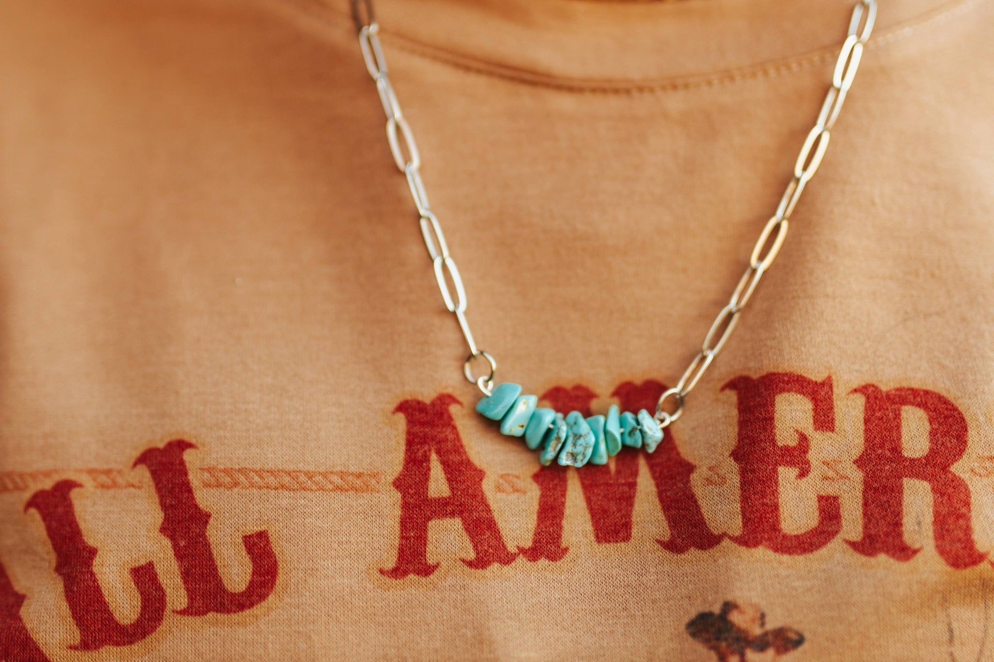Turquoise Chips Paperclip Chain Necklace - Rooted & Reckless Co.