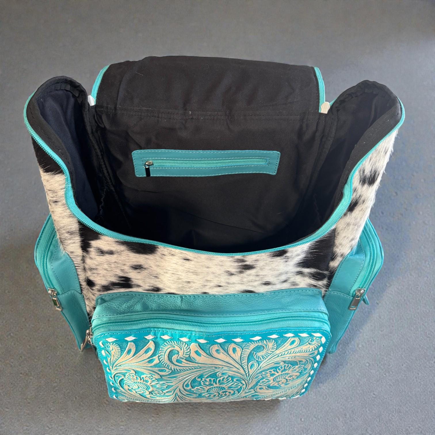 Turquoise Genuine Western Cowhide Leather Backpack Diaper Bag Personal Item carry-on luggage by Double B Wild Rags - Rooted & Reckless Co.