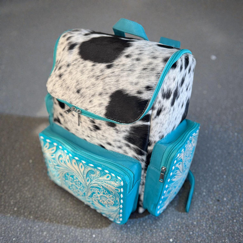 Turquoise Genuine Western Cowhide Leather Backpack Diaper Bag Personal Item carry-on luggage by Double B Wild Rags - Rooted & Reckless Co.