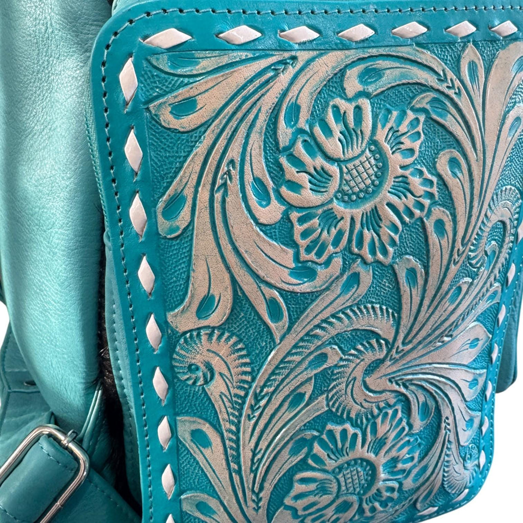 Turquoise Genuine Western Cowhide Leather Backpack Diaper Bag Personal Item carry-on luggage by Double B Wild Rags - Rooted & Reckless Co.