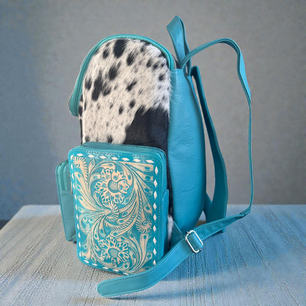 Turquoise Genuine Western Cowhide Leather Backpack Diaper Bag Personal Item carry-on luggage by Double B Wild Rags - Rooted & Reckless Co.