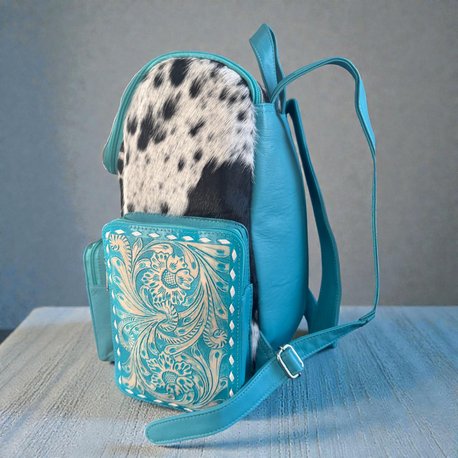 Turquoise Genuine Western Cowhide Leather Backpack Diaper Bag Personal Item carry-on luggage by Double B Wild Rags - Rooted & Reckless Co.