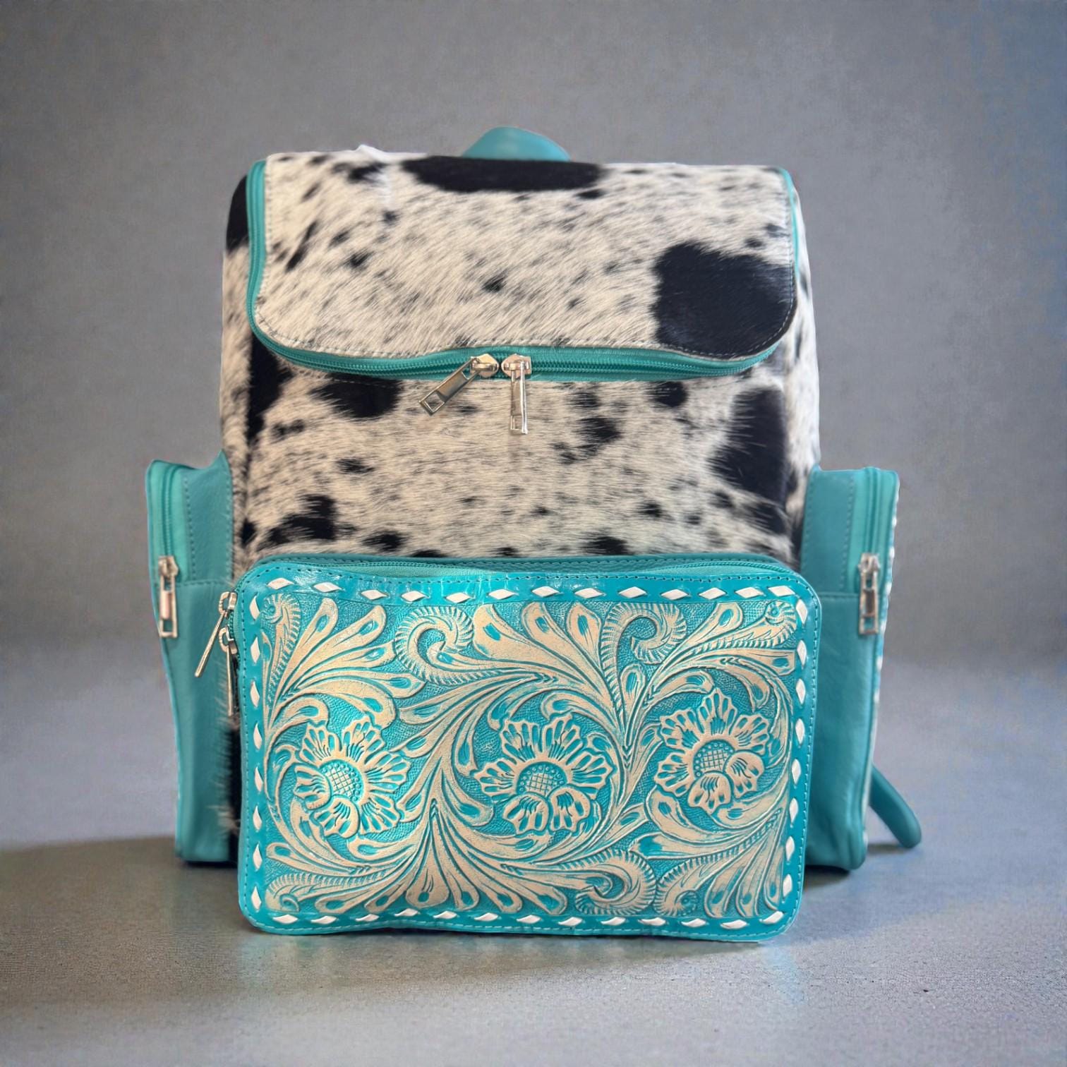 Turquoise Genuine Western Cowhide Leather Backpack Diaper Bag Personal Item carry-on luggage by Double B Wild Rags - Rooted & Reckless Co.