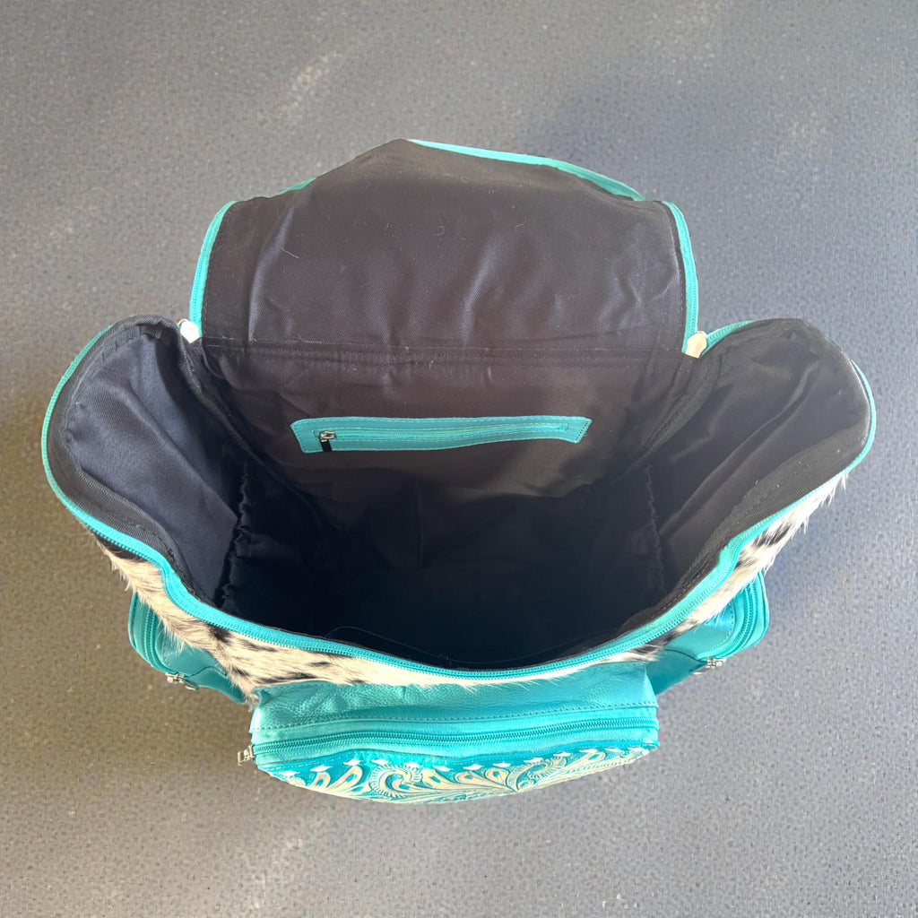 Turquoise Genuine Western Cowhide Leather Backpack Diaper Bag Personal Item carry-on luggage by Double B Wild Rags - Rooted & Reckless Co.