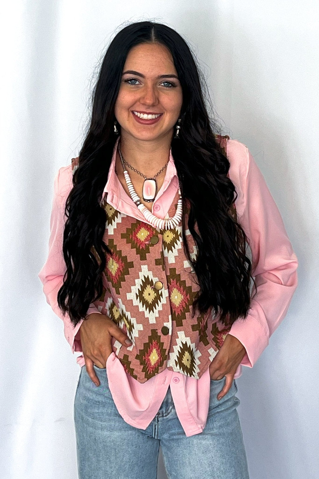 Turquoise Haven Pink Southwest Tapestry Snap Western Vest — Woven Geometric Print with Antique Brass Snap Closure - Rooted & Reckless Co.