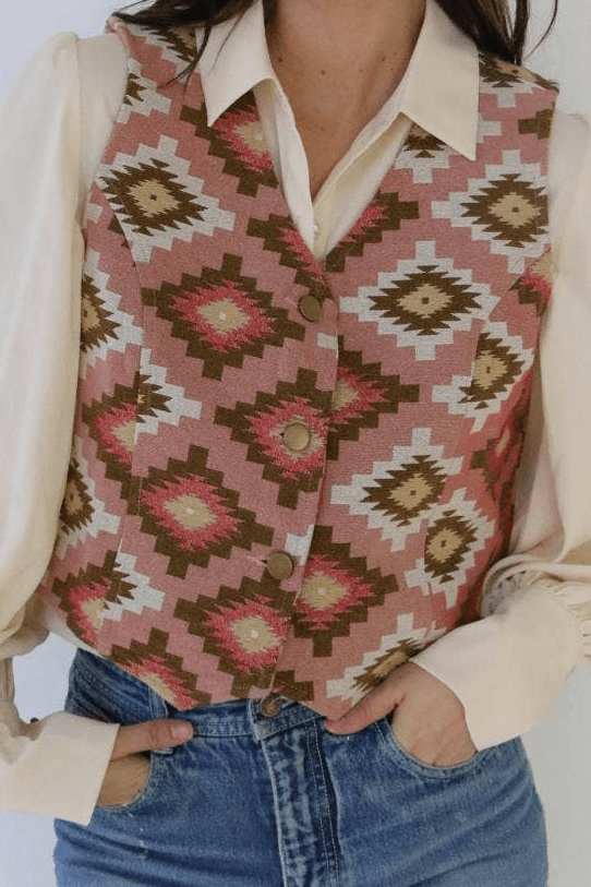 Turquoise Haven Pink Southwest Tapestry Snap Western Vest — Woven Geometric Print with Antique Brass Snap Closure - Rooted & Reckless Co.