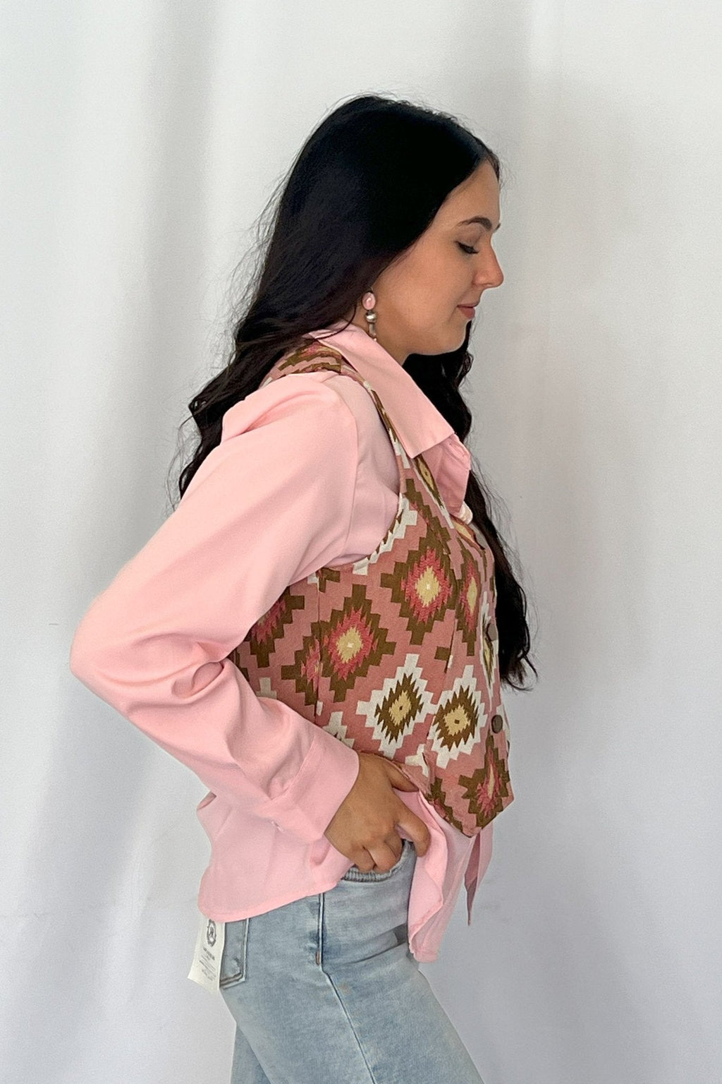 Turquoise Haven Pink Southwest Tapestry Snap Western Vest — Woven Geometric Print with Antique Brass Snap Closure - Rooted & Reckless Co.